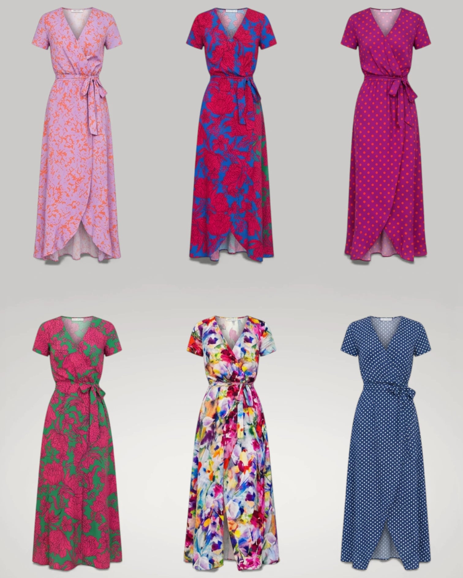 Vue d'ensemble de toutes les variantes de couleurs et motifs disponibles pour la robe longue portefeuille Julie : rose floral, rouge vif, fuchsia pois, vert floral, imprimé coloré, bleu pois.