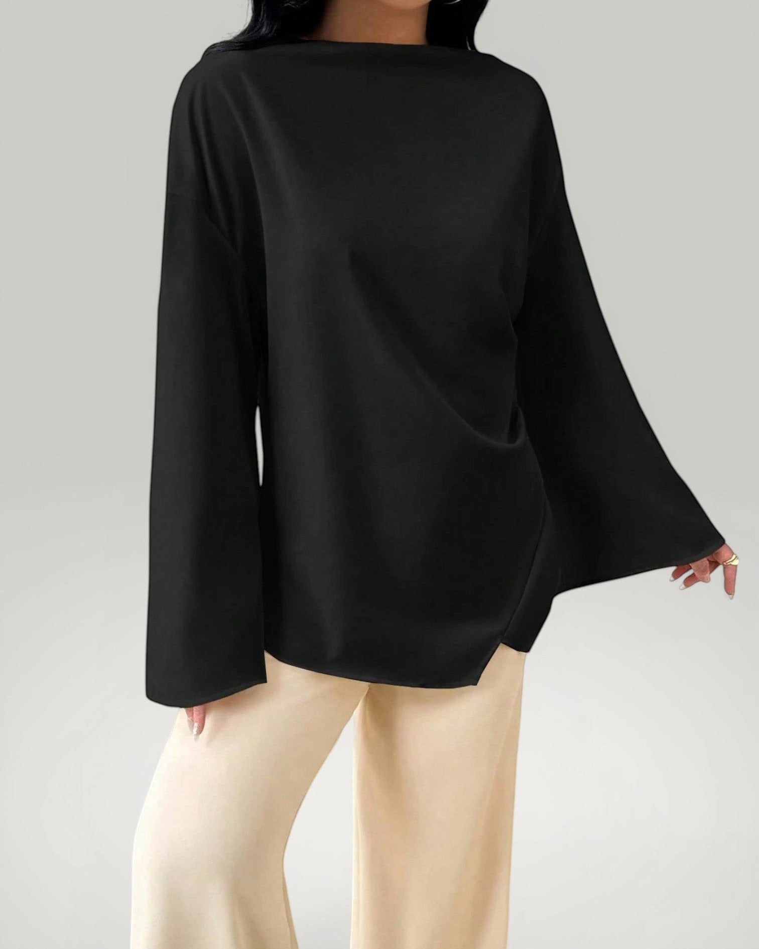 Blouse femme chic asymétrique noir absolu - Haut élégant manches évasées - Urbain Couture