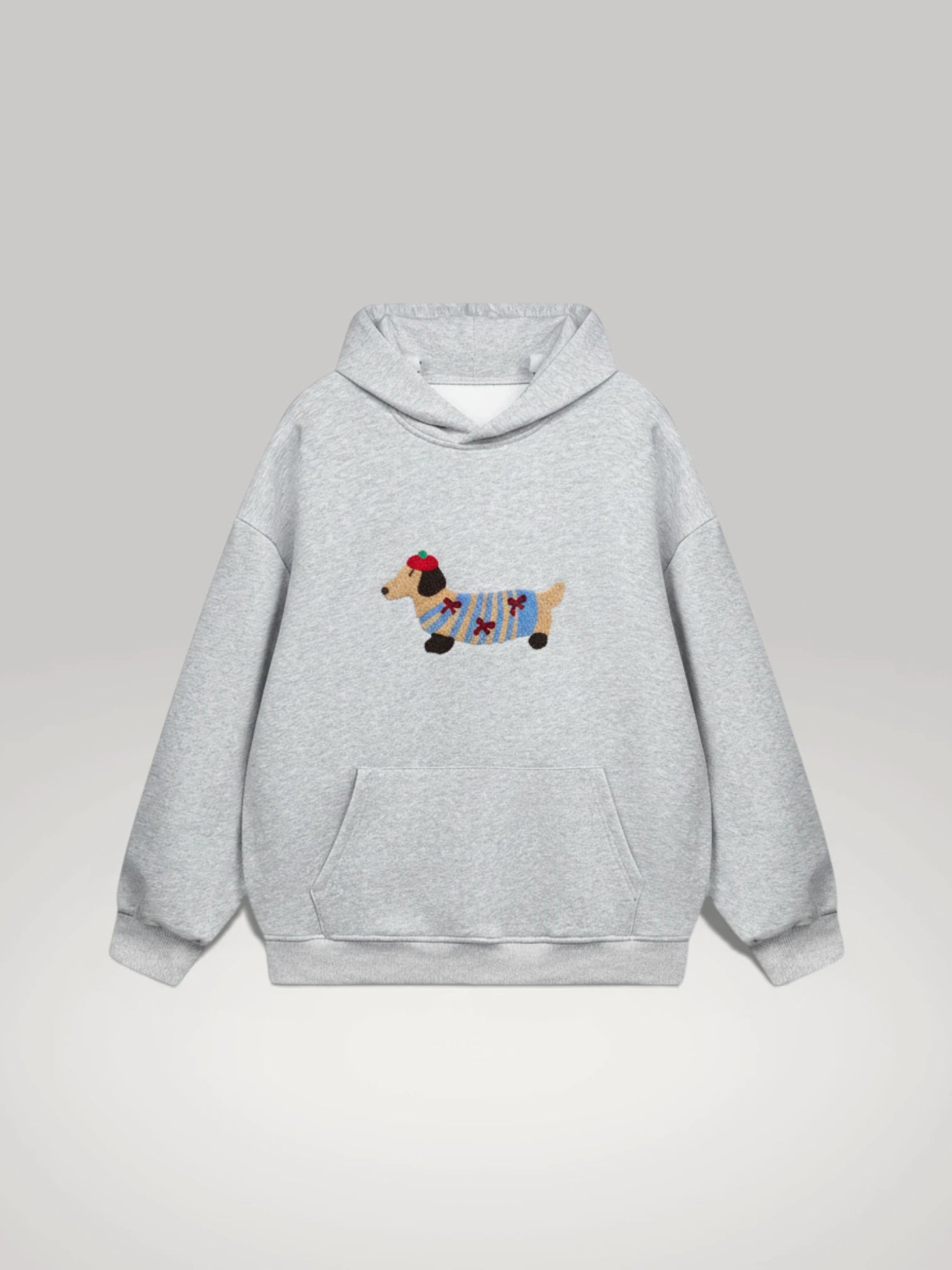 sweat-a-capuche-hoodie-oversize-gris-broderie-chien-teckel-style-urbain