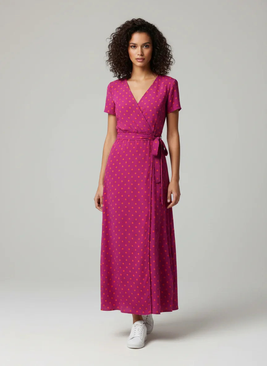 Robe portefeuille femme longue fuchsia à pois Urbain Couture