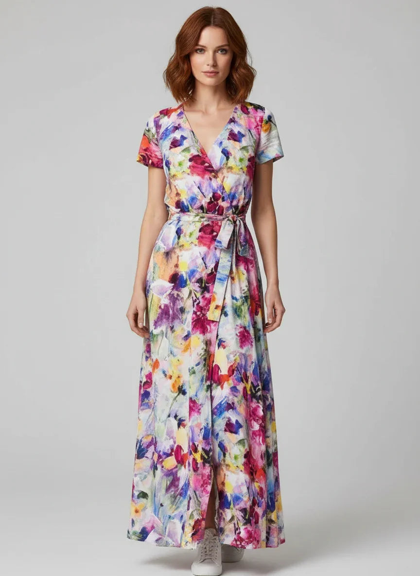 Robe portefeuille femme longue multicolore motif floral Urbain Couture