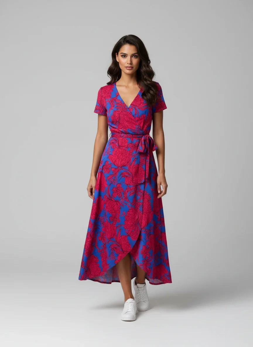 Robe portefeuille femme longue rouge motif floral vibrant Urbain Couture