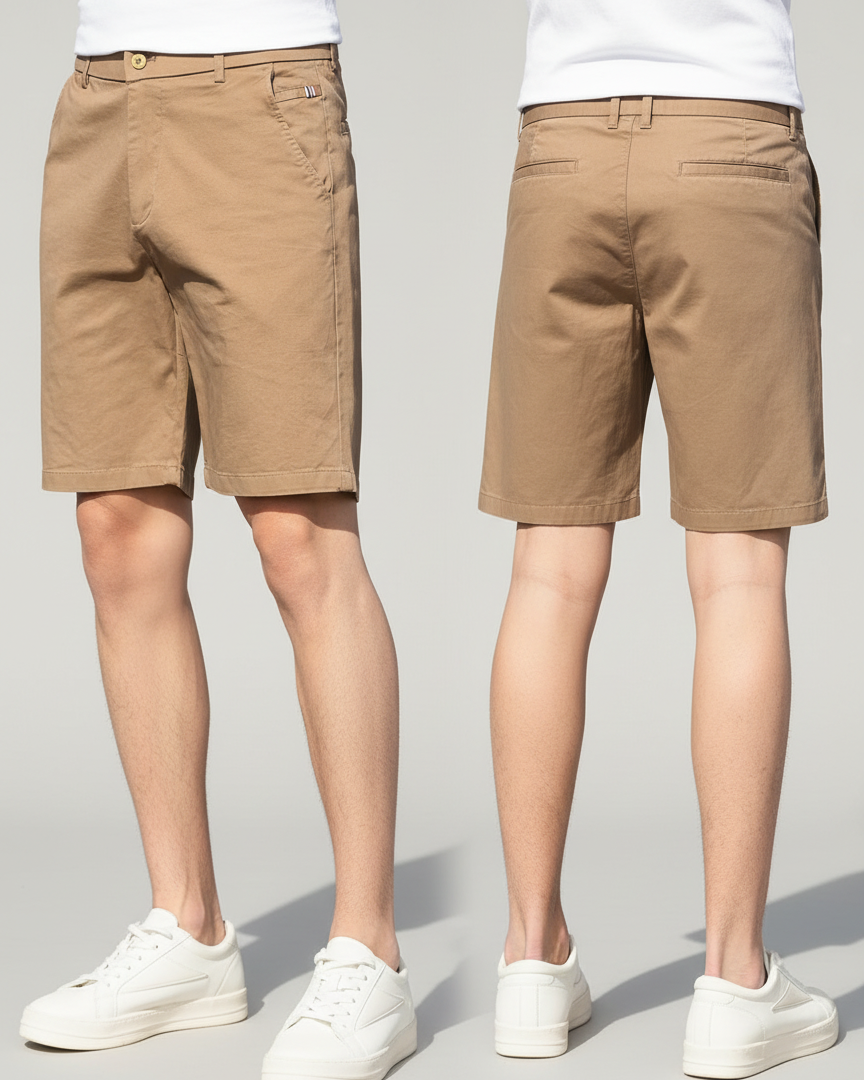 Short chino pour homme couleur camel - Vue de face et de dos, tissu en coton résistant - Urbain Couture.