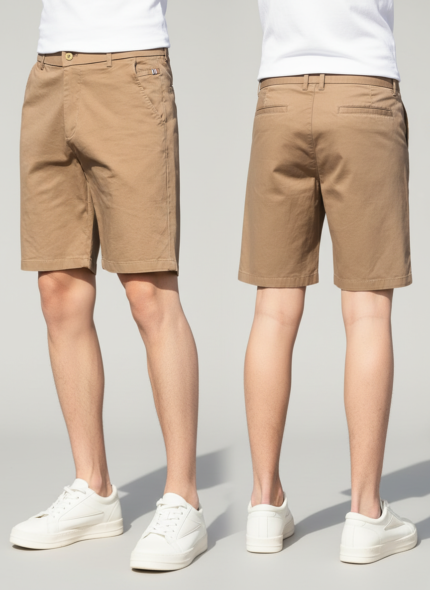 Short chino pour homme couleur camel - Vue de face et de dos, tissu en coton résistant - Urbain Couture.