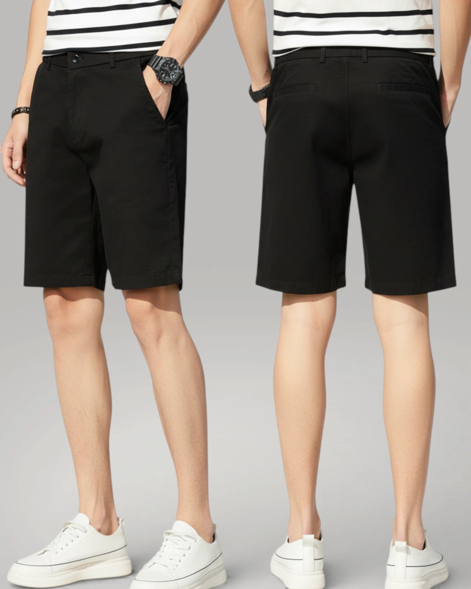 Short chino noir classique pour homme par Urbain Couture - vue de face et de dos, style décontracté chic.