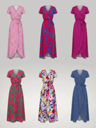 Vue d'ensemble de toutes les variantes de couleurs et motifs disponibles pour la robe longue portefeuille Julie : rose floral, rouge vif, fuchsia pois, vert floral, imprimé coloré, bleu pois.