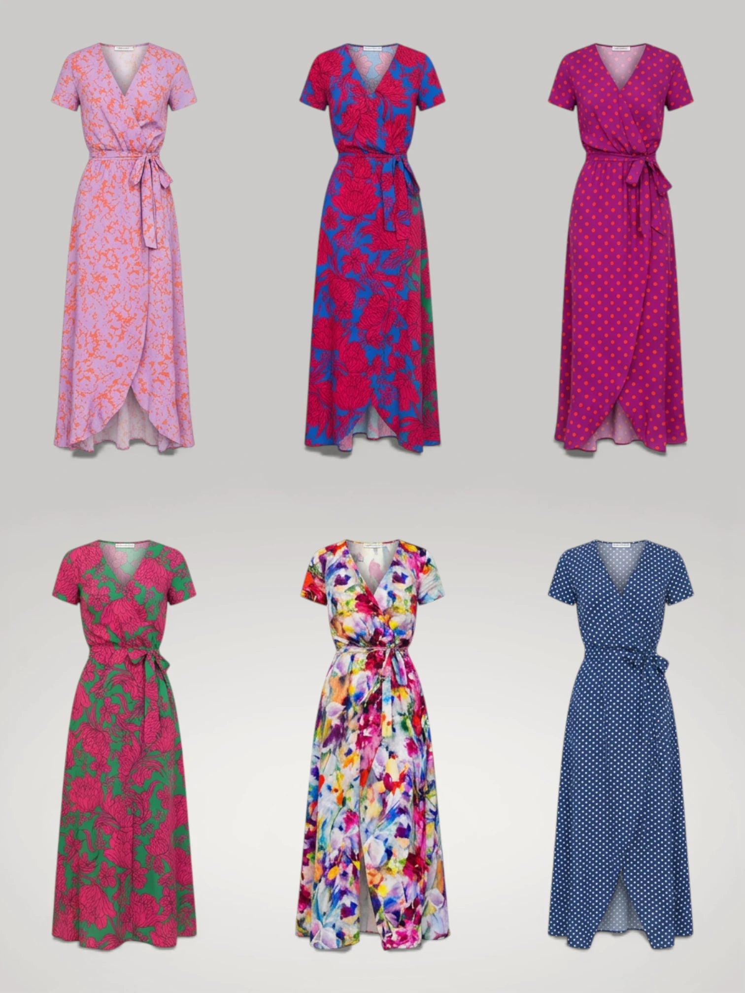 Vue d'ensemble de toutes les variantes de couleurs et motifs disponibles pour la robe longue portefeuille Julie : rose floral, rouge vif, fuchsia pois, vert floral, imprimé coloré, bleu pois.
