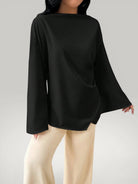 Blouse femme chic asymétrique noir absolu - Haut élégant manches évasées - Urbain Couture