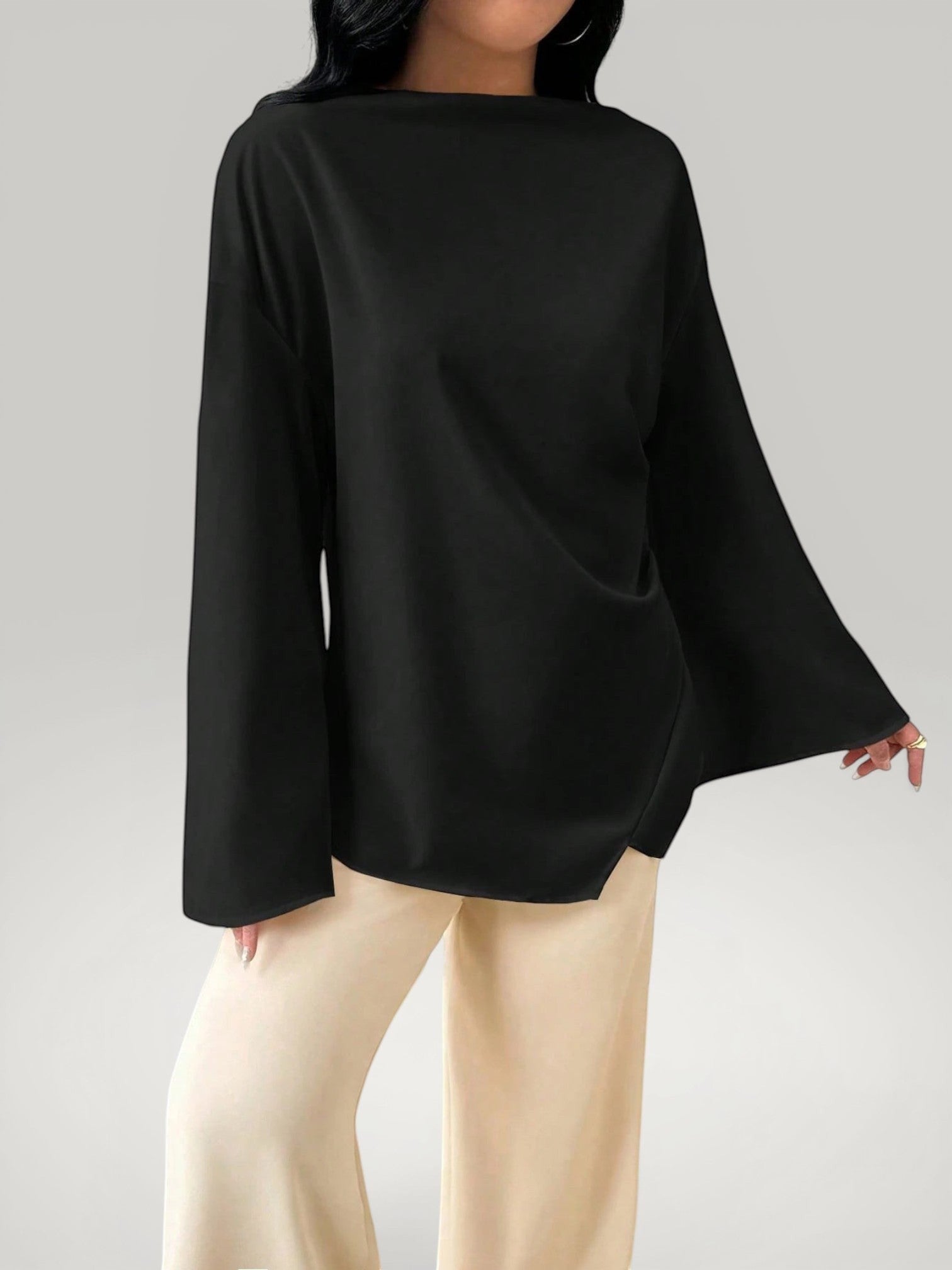Blouse femme chic asymétrique noir absolu - Haut élégant manches évasées - Urbain Couture