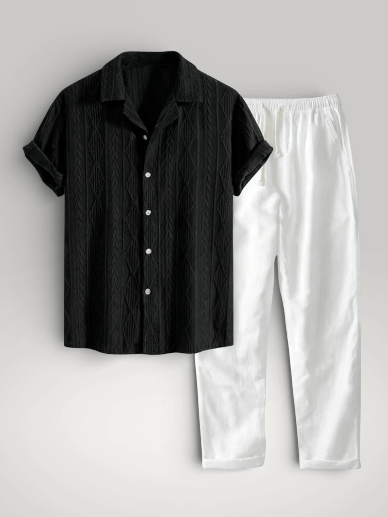 Chemise en lin noire texturée et pantalon d'été blanc pour homme