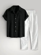 Chemise en lin noire texturée et pantalon d'été blanc pour homme