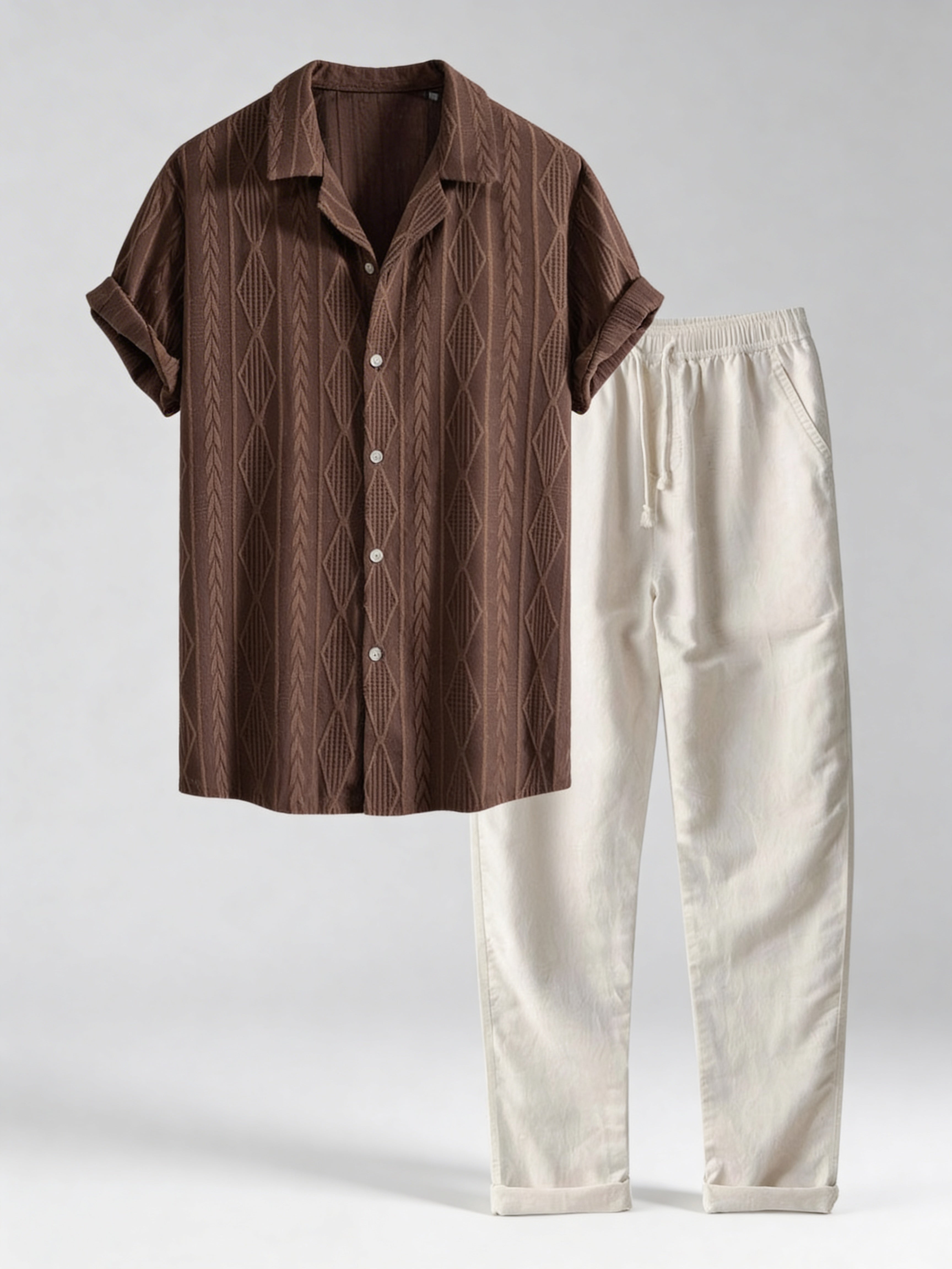 Tenue d'été homme en lin marron et pantalon beige sable