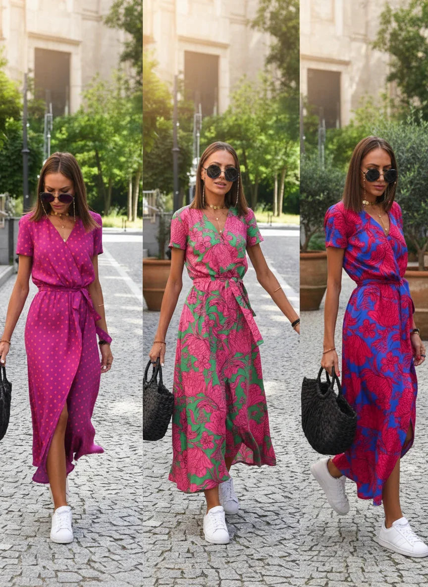 Mannequin portant la robe portefeuille longue femme Julie Urbain Couture