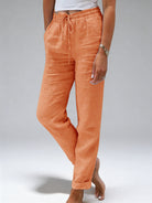 Pantalon vibrant coloris Corail Solaire pour femme, mélange coton-chanvre noble.