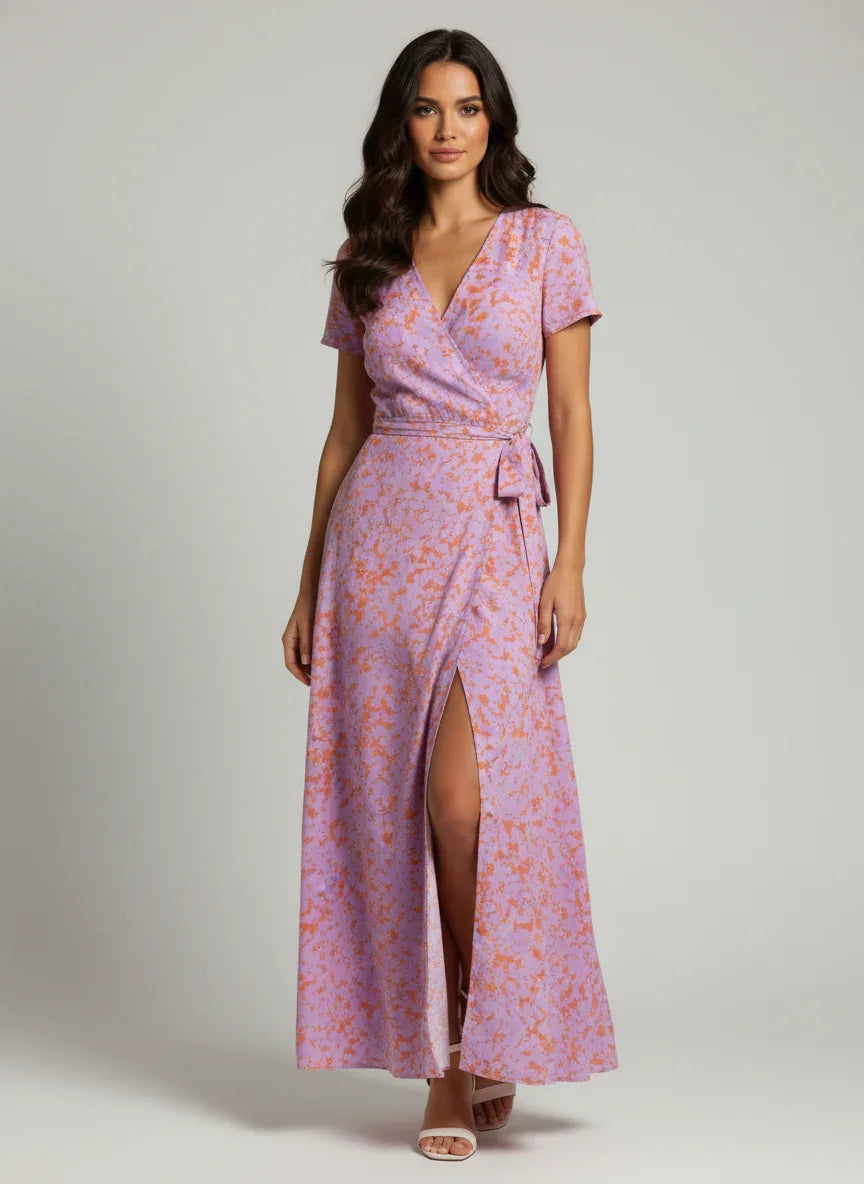 Robe portefeuille femme longue lilas motif floral Urbain Couture