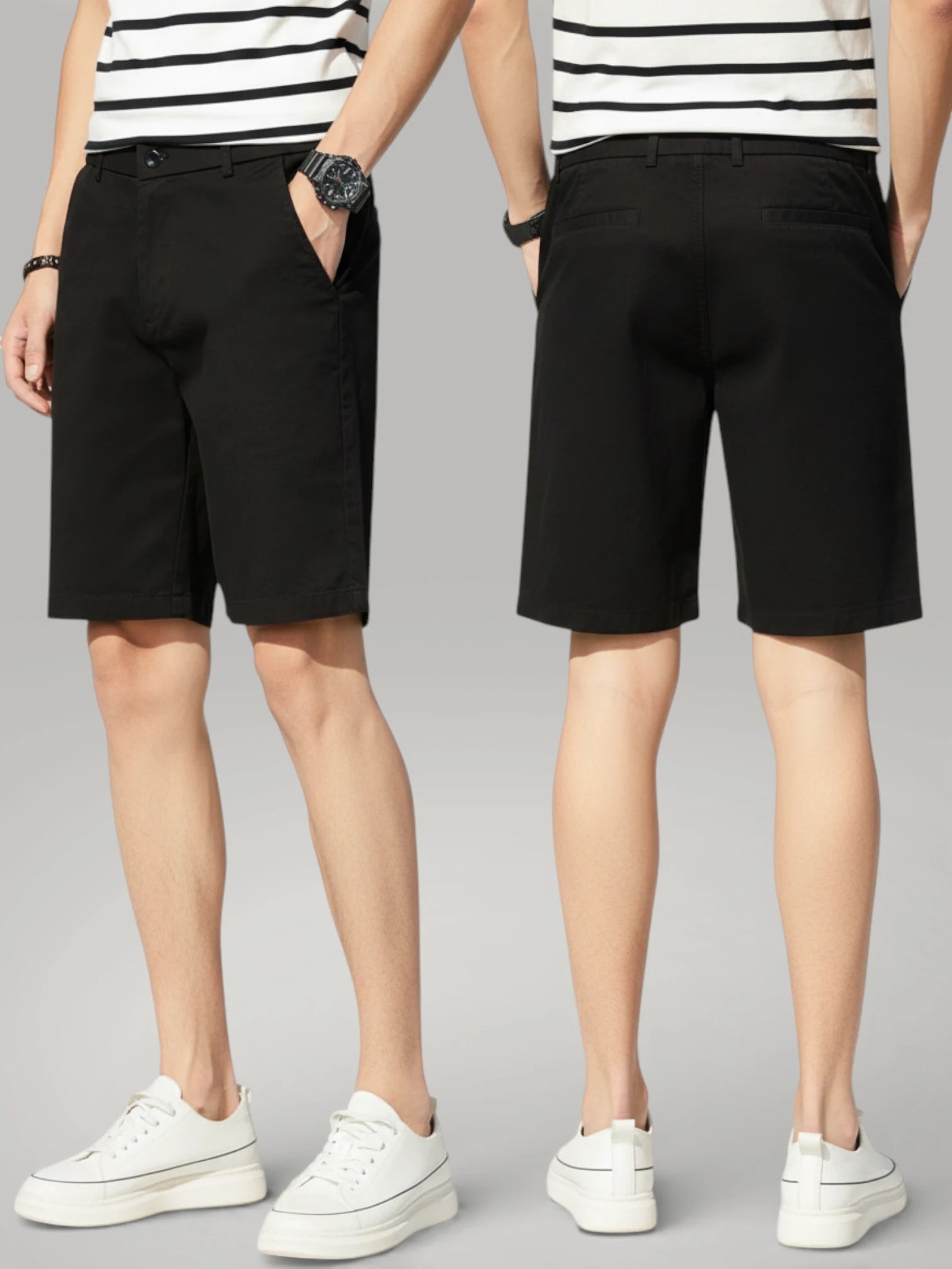 Short chino noir classique pour homme par Urbain Couture - vue de face et de dos, style décontracté chic.